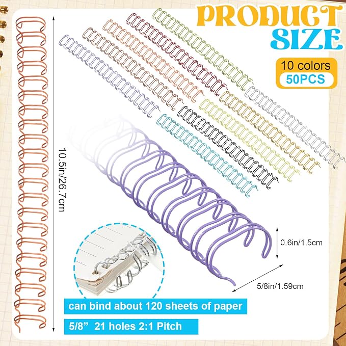 50 Pcs Metal Double Loop Binding Wires 5/8 Bulk Cinch Binding Wires Double Spiral Ring Coil 10 Colors Twin Spines Combs 21 Holes 2: 1 Pitch Cinch Coil Machine Wire