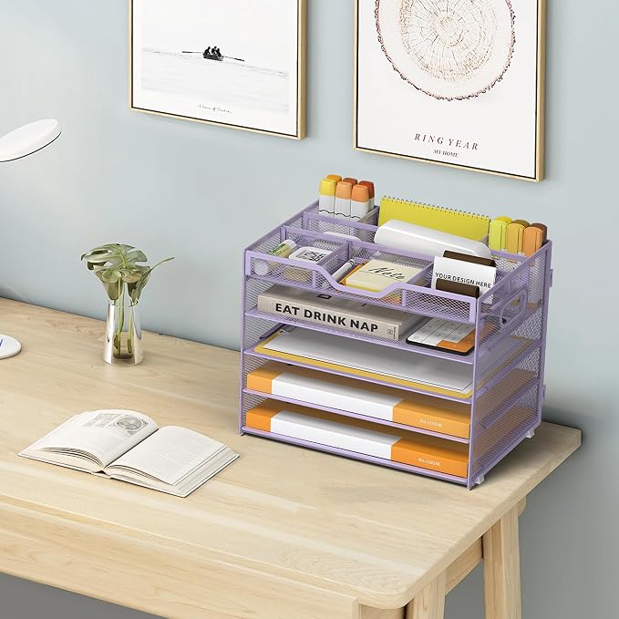 5 Tier Paper Letter Tray Desk Organizer with Pen Holders - Purple | Features 3 pen holders and 4 removable dividers.Versatile mesh desktop storage for mail, document,office supplie