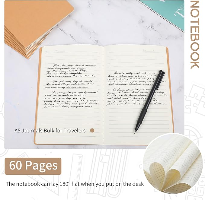 miikoul 4 Pack A5 Kraft Paper Notebook Lined Journal Bulk, 8.3 X 5.5 Inch, 60 Pages/30 Sheets, 80gsm, Travel Notebook Notepad for Adult, Students, Gift, Office, Back to School Supplies