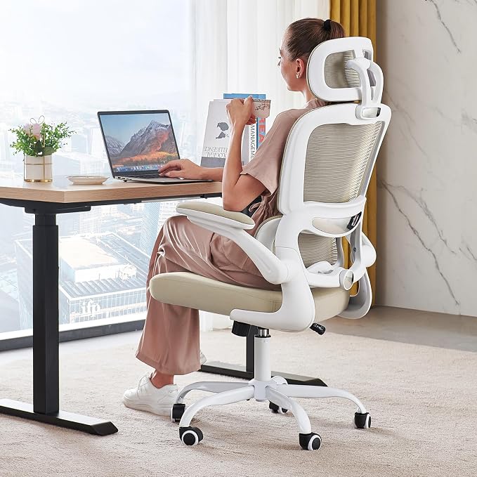 TRALT Office Chair Ergonomic Desk Chair - Gaming Chair with Lumbar Support | 330 LBS Home Office Desk Chairs with Headrest, Reading Chair with Flip-up Armrests, Comfortable Computer Chairs (1, Beige)