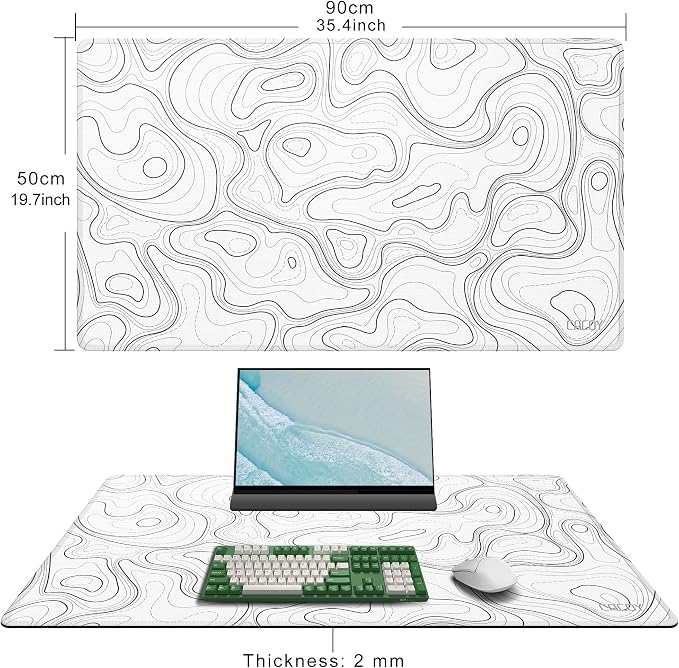 Cacoy 36"x20" Topographic Gaming Mouse Pad XXL, Extended Computer Desk Mat | White Topographic Contour Line Large Desk Pad for Keyboard and Mouse with Non-Slip Rubber Base Stitched Edges for Office Home