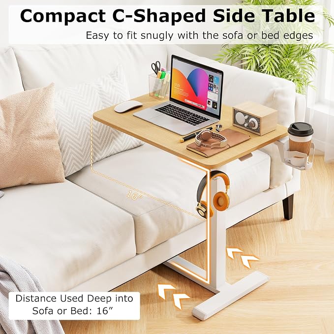 Tangkula Mobile Standing Desk, Pneumatic Height Adjustable Rolling Desk with Cup Holder & Headphone Hook, Overbed Table with Hidden Wheels, Laptop Computer Cart for Couch, Home, Office (Natural)