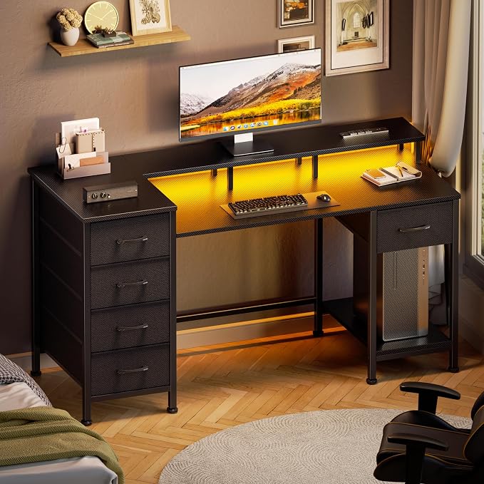 Korfile 47 Inch Computer Gaming Desk with Power Outlets & LED Lights Reversible Home Office Desk with Adjustable 5 Fabric Storage Drawers for Working Writing Study, Carbon Fiber Black | For gaming and working,built-in power outlets and LED lights,5 fab...