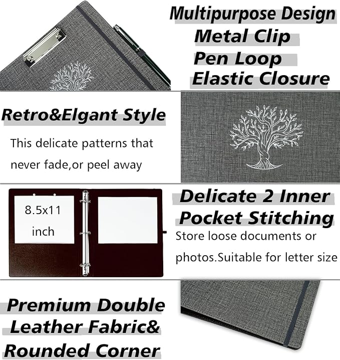 3 Ring Binder, 1 Inch Three Ring Linen Leather Binder Organizer with Clipboard for Letter Size Paper, Transparent Folder, 5-Tabs Dividers, File Folder Labels, Pen Loop, Elastic Strap (Dark Grey)