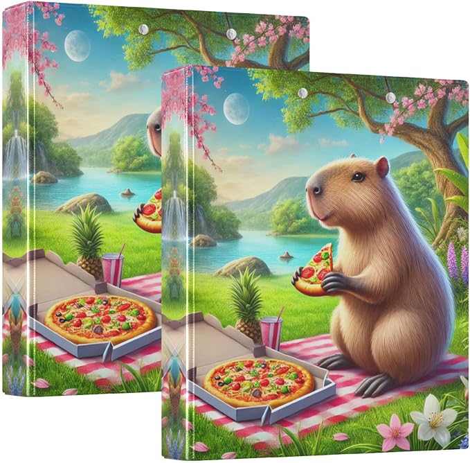 Capybara Pizza 3 Ring Binder Letter Size Three Ring Binder Organizer 1.5 Inch Binders 3 Ring with Clipboard & 3 Pockets for Recipes Paper Work Office Supplies 1 Pack