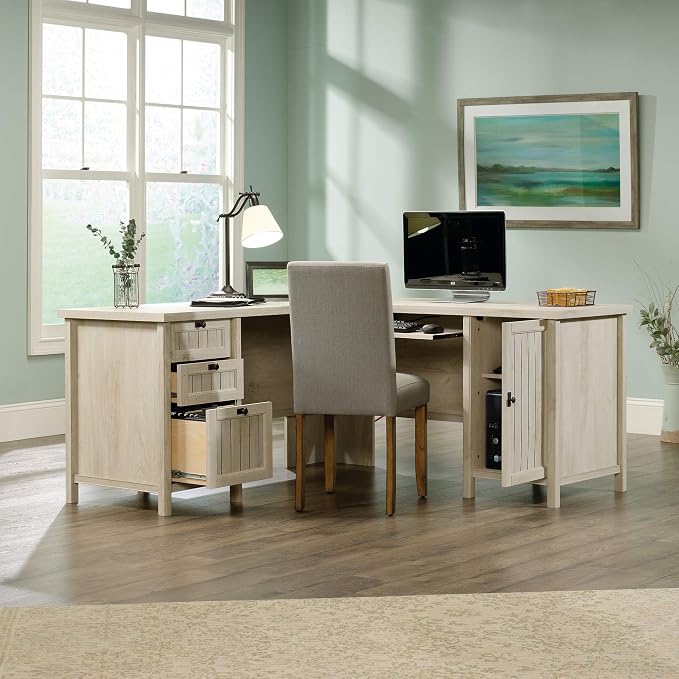 Sauder Costa L-Shaped Desk, Chalked Chestnut, Home Office with Storage & Keyboard Tray