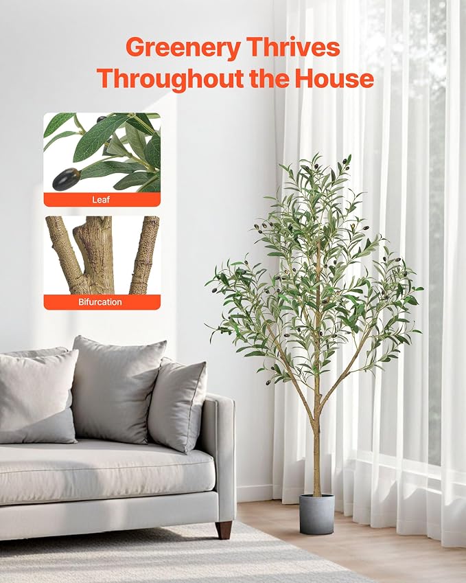 VEVOR 5FT Artificial Olive Tree with Black Pot, Tall Fake Tree with Natural Wood Trunk & Realistic Green Leaves and Fruits, Indoor Faux Plant for Home, Office, Living Room, Corner Decor
