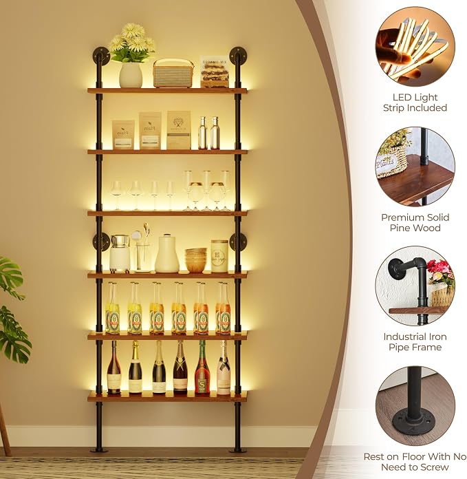 6-Tier LED Ladder Shelf, Wall Mounted Pipe Bookshelf, Walnut Brown 36 Inch | Solid pine 6-tier wall mounted pipe bookshelf with warm LED lights, 40 lb shelves, for books, plants and decor