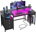 Furologee 60" Black Computer Desk with 4 Drawers and Printer Space, Gaming Desk with LED Lights and USB Power Outlets, Home Office Desk with Fabric File Cabinet,Study Work Table with Shelf for Bedroom