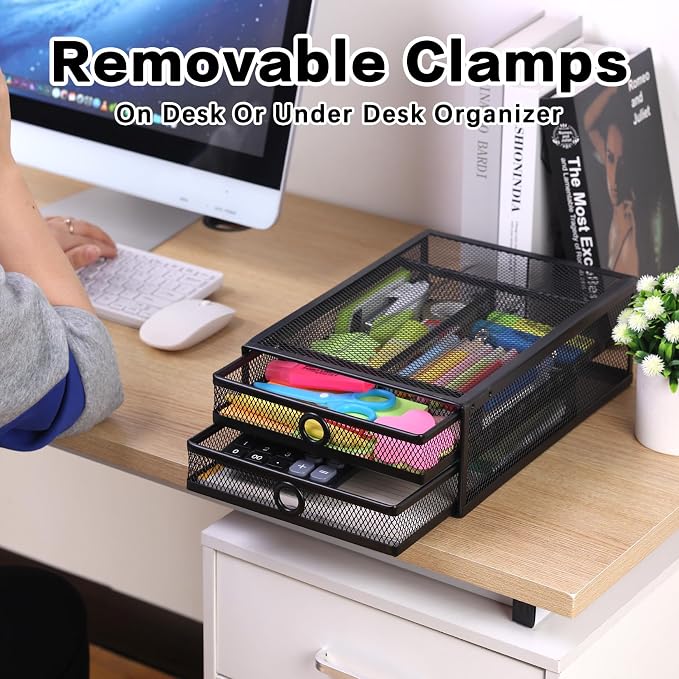 ROSYLINE Under Desk & Desktop Drawer Organizer, 2-Tier Big Capacity | Steel Construction, Clip-On No Drill Installation, Fits A4 Paper, for Office & Household Supplies