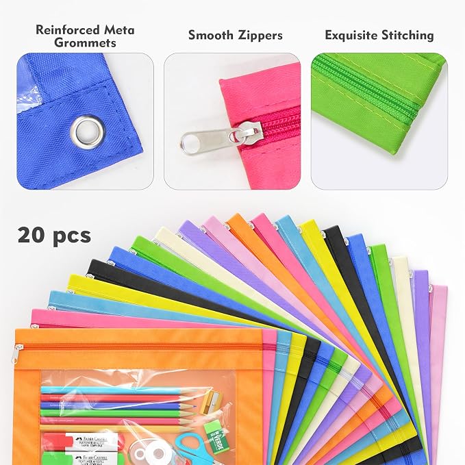 Binder Pencil Pouches, Pencil Pouch for 3 Ring Binder with Zipper Pulls, Clear Window Pencil Case for Binder, Zipper Pencil Pouches with Rivet Enforced 3 Ring, 20 Pack, 10 Color