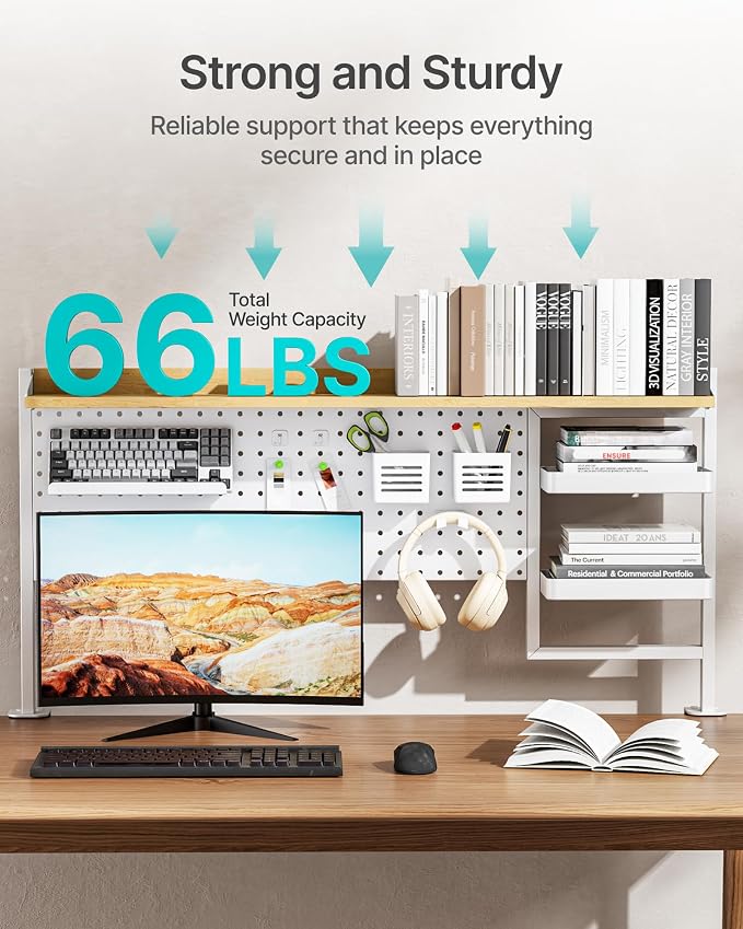 Clamp on Desk Shelf, 44" Desktop Shelving System, White | with Pegboard and Accessories, Desktop Organizer with 2-Tier Shelf, Desk Pegboard for Gaming Office