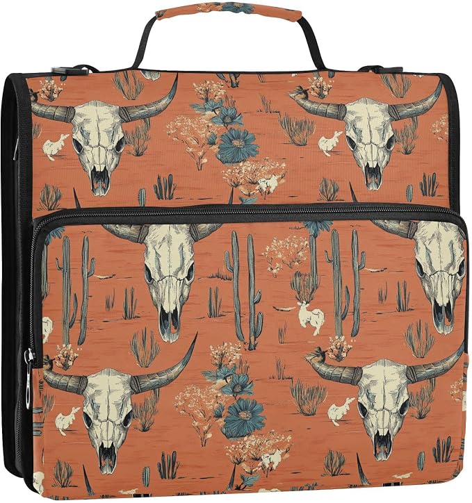Western Desert Boho Cow Skulls Zipper Binder with Shoulder Strap Trapper Keeper 3 Ring Binder Organizer Large Capacity Multiple Compartments for School Office
