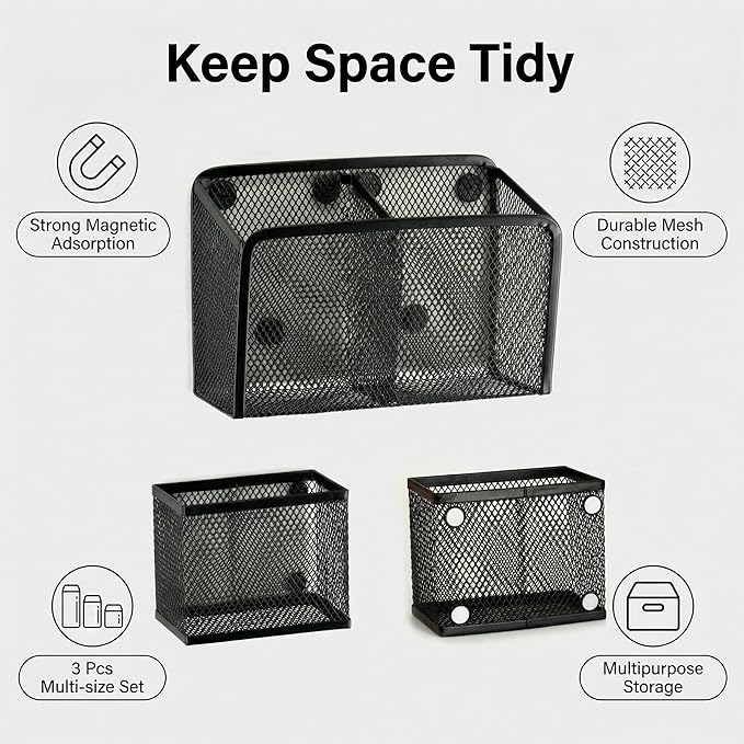 Neudeco Magnetic Locker Organizer, Set of 3, Black | Mesh Pencil Holder & Storage Basket, For Locker, Whiteboard & Refrigerator, Strong Magnet, School Supply Organizer