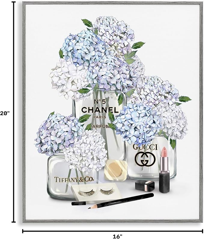 Glam Hydrangea Perfume Bottle Still Life, 16 x 20 Inch Framed Giclée Print | Stupell Industries · By Ziwei Li · Ready to hang · Chic gift for bedroom or dressing room · Made in USA