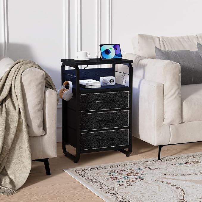 runjuly End Tables Set of 2 with Charging Station, LED Lights, Hooks, Black | 3 Large Fabric Drawers, USB C Ports & Power Outlets, Metal Night Stand Pair, Storage Nightstand for Living Room / Bedroom