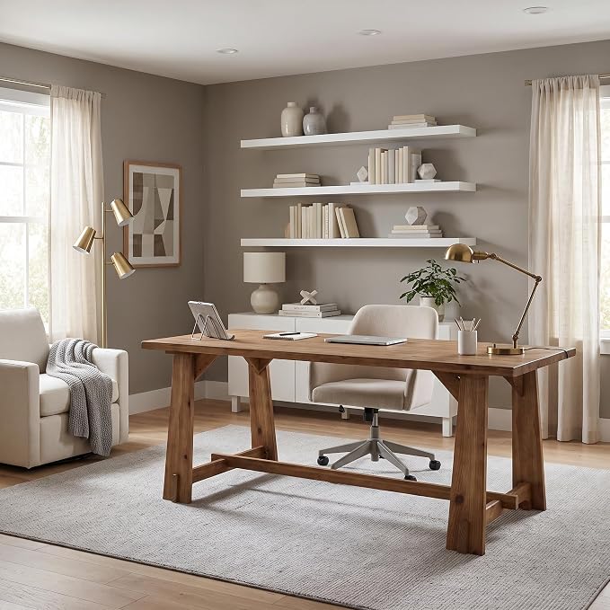 LITTLE TREE 63" Long Large Wood Desks, Solid Wood Office Desk | Farmhouse Executive Computer Desk, Large Work Writing Table, Rustic Brown Business Furniture for Home