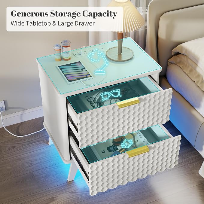 Smart Nightstand with Charging Station and LED Lights | 23.62" Wide Night Stand with 2 Drawers, Motion Sensor Motion-Activated Underlight, Honeycomb Bedside Table for Bedroom, White