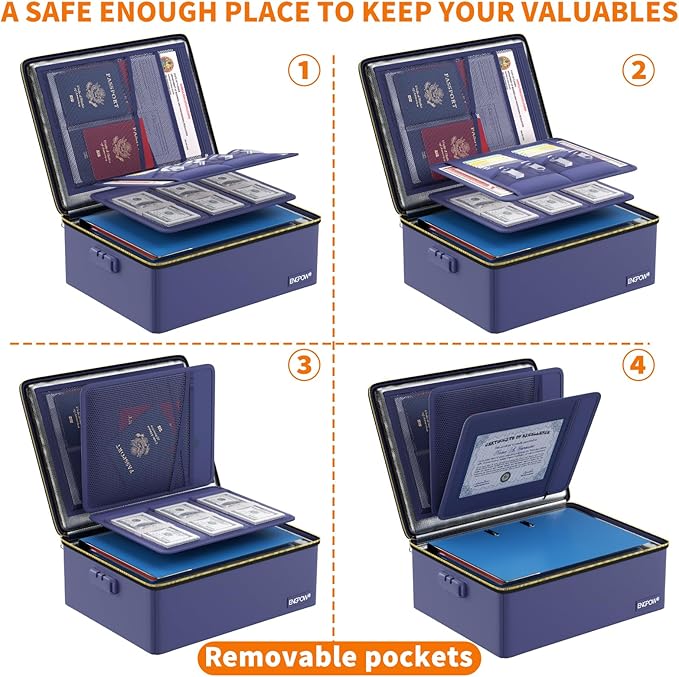 ENGPOW Fireproof Document Box, Hard Fireproof Box with Fireproof Zipper＆Lock, 6400°F Heat Insulated Fireproof Water Resistant File Organizer Storage Box Safe for Important Documents,Valuable,Blue