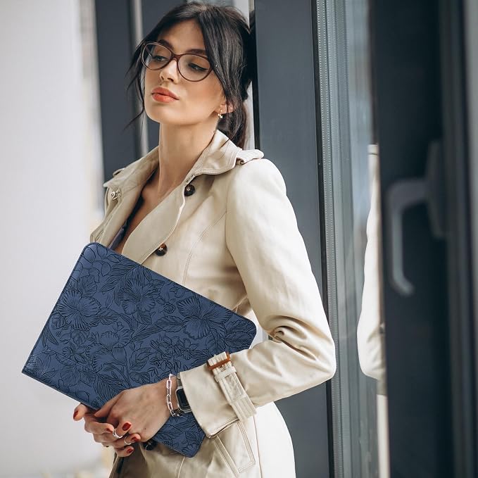 Dark Blue Embossed Vegan Leather Portfolio for Women, 3 Ring Portfolio Binder with Zipper, A4 Planner Binder with Laptop Pocket, Padfolio Legal Size,WorkBinder Organizer for Women
