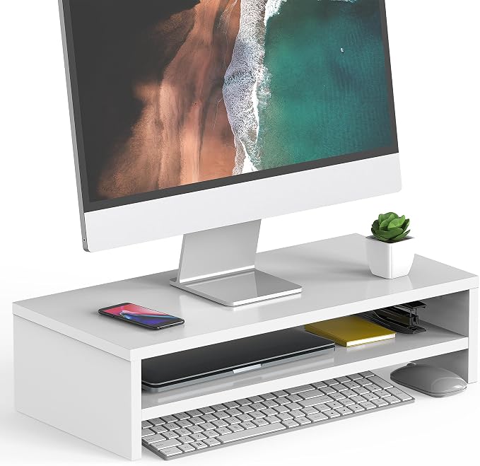 FITUEYES Wooden Monitor Stand Riser, 2-Tier Desk Storage Shelf, White | 21.3-Inch Desktop Organizer Fits Laptop, Computer Screen and Office Supplies