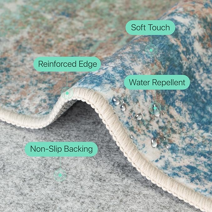 GENIMO Washable Rugs 10x14 Area Rugs for Living Room Bedroom, Modern Lightweight Rug Ultra Soft Indoor Area Rugs 10x14 for Dining Room, Low Pile Carpet with Non Slip Backing, Blue Green