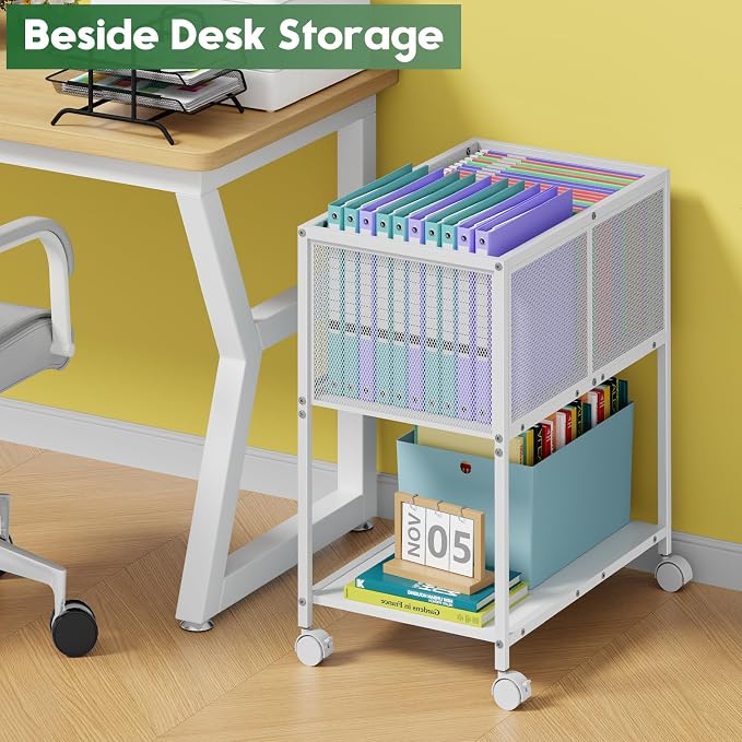 Sbanmao Rolling File Cart, Mobile File Cabinet with Wheels Hanging Files, Metal Hanging File Folder Cart File Organizer Fit Letter Size for Home Office, White