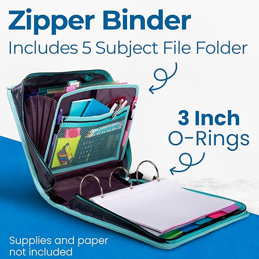 Case-it School Zipper Binder | 3-Inch O-Rings | 600-Sheet | D-146 Aqua | Mighty Zip Tab, 5-Color Tab Expanding File Folder, Multiple Pockets, Shoulder Strap, Iridescent Pastel Design, Office