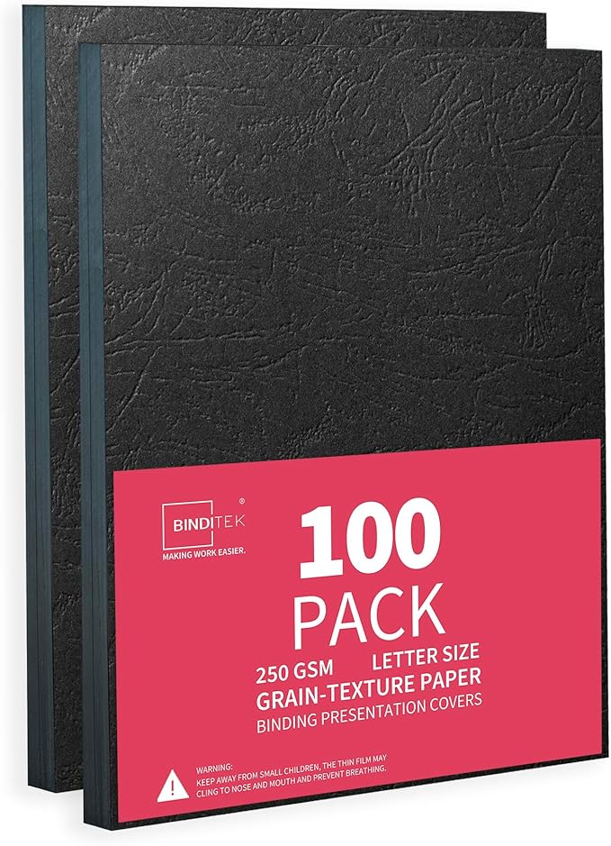 Binditek 13 Mil Grain-Texture Paper Binding Covers, 8.5x11", Black, 100Pack | Paper Binding Covers, 8.5" x 11" Letter Size, 250 GSM, 90 lb, Square Corners, Unpunched, for Business, School Projects