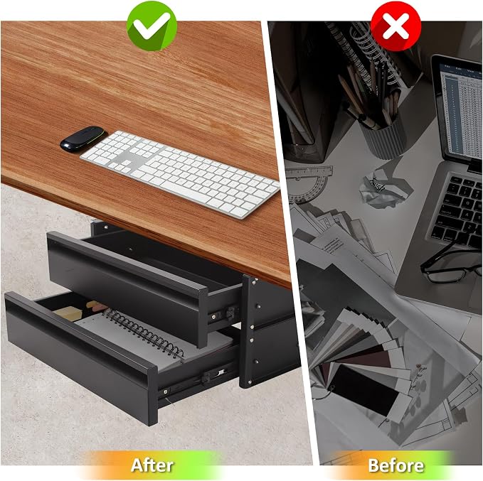 15 inch 2-tier Under Desk Drawer, Adjustable Pull-Out Storage Organizer | Carbon Steel Under Table Drawer with Silent Smooth Slide Rails for Office & Home, Adjustable Height, Each Hold 22 lbs