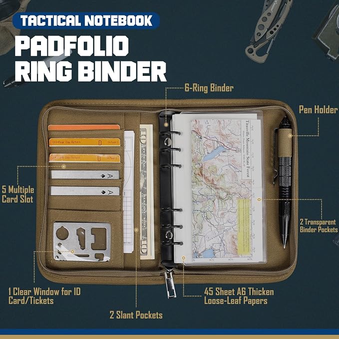 WYNEX Tactical Notebook Padfolio 6 Ring Binder, 3.7x6.7 in Refill Paper | S-5.5x8.5" Zip Hardcover Notebook, 45 Sheets Line Paper, 1"O-ring Water-Resistant Planner, for Office College Field Gift