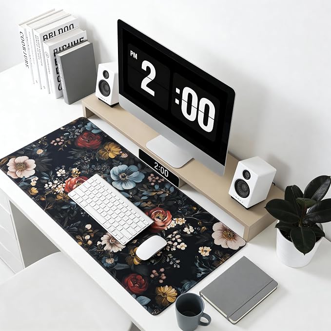 Floral Aesthetic Rose Gaming Mouse Pad, Black Dark Botanical Desk Mat with Anti-Slip Base & Stitched Edges,35.4" x 15.7" in Desk Accessories for Women, Home Office Decor & Artistic Gift