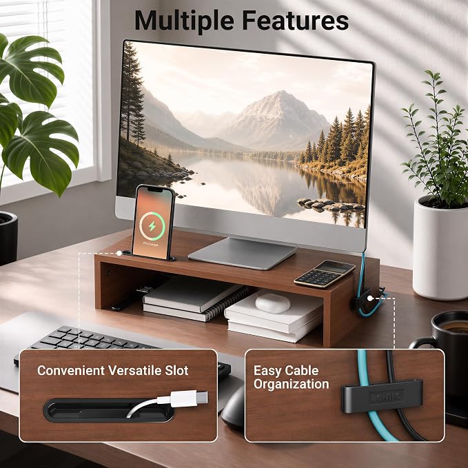 BONTEC Monitor Stand Riser with Cellphone Holder & Cable Management | 16.7 Inch Wood Monitor Riser Stand, Desktop Stand for PC/TV/Laptop/Printer, Walnut