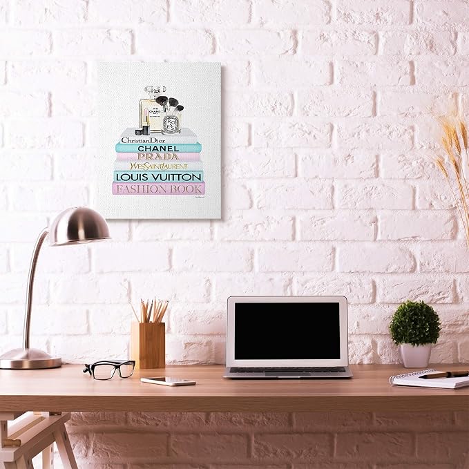 Fashion Designer Makeup Bookstack, 24 x 30 Inch Canvas Wall Art | Stupell Industries · By Amanda Greenwood · Ready to hang · Great for fashion inspired spaces · Made in USA