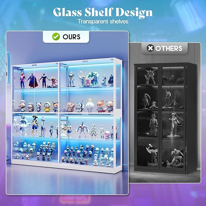 AMERLIFE 75-Inch RGB Display Cabinet with Glass Shelves | 70 H x 75 W x 16 D In, 4-Tier Storage, RGB LED Lights, Press-to-Open Doors, for Collectibles, White