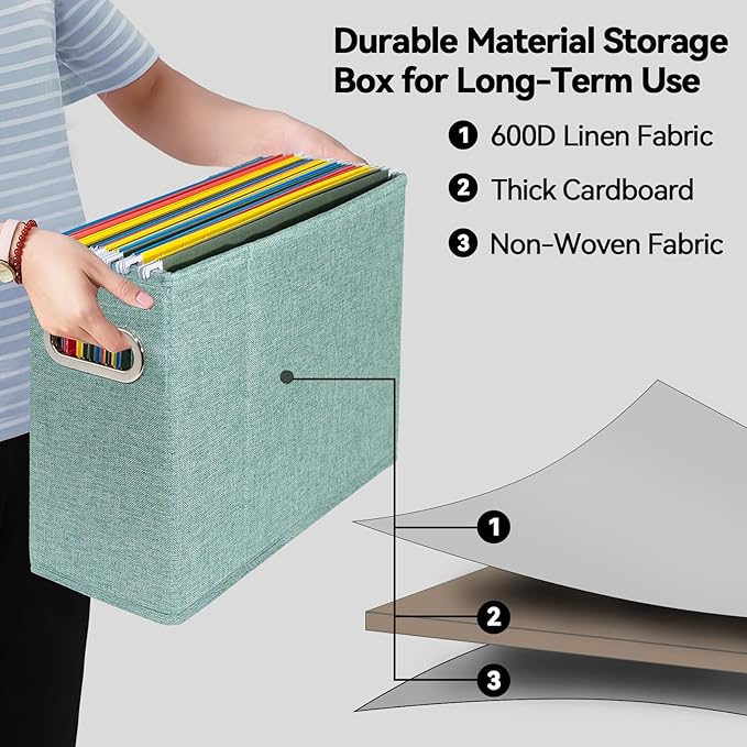 6 Packs Letter Size File Organizer, File Folders Organizer, Fabric Storage Box, Collapsible Paper Organizer with Metal Handle, Smooth PVC Rails, Only Box (Green)