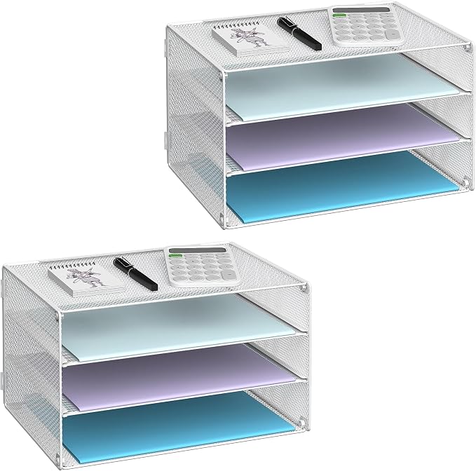 DALTACK 3 Tier Letter Tray Paper Organizer with Sliding Trays 2 Pack White | Metal Mesh File Organizer with Sliding Trays for Letter and A4 Paper, Mail, Bills, Folders and Office Documents