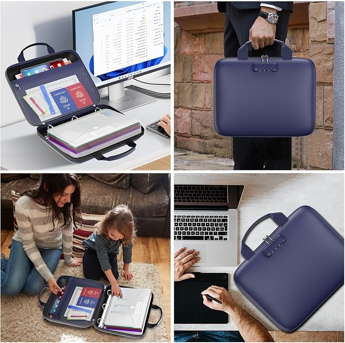 Fireproof Binder Organizer with 20 Pack Binder Pockets & Lock,Blue | Important Document Box with Zipper,Water Resistant Hard Case, Portable Home Office Safe Storage Protection for Letter Size