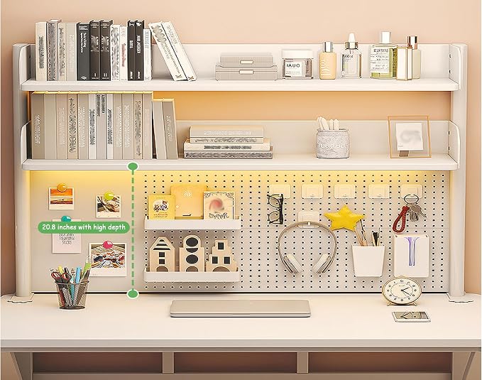 31.5 Inch Clip-on Desktop Organizer Bookshelf with Pegboard, Desk Shelf Organizer, Multipurpose Computer Desk Desktop Bookshelf, Desk Extender Pegboard Clamp, Desktop Display (White)