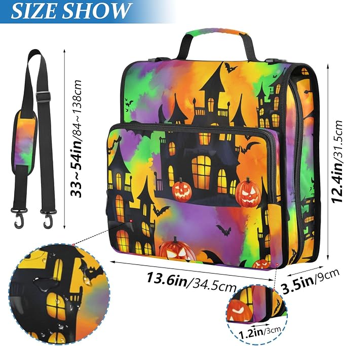 3 Ring Zipper Binder Spooky Haunted House Binder Organizer Portfolio with File and Shoulder Strap & Handle Large Capacity File Folder
