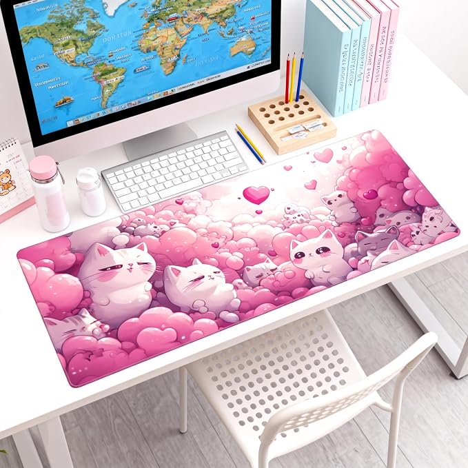 Cute Anime White Cat Gaming Mouse Pad, Pink Dreamy Desk Mat with Anti-Slip Base & Stitched Edges, Computer Keyboard & Laptop Pad, 35.4" x 15.7" in in Workstation Accessories