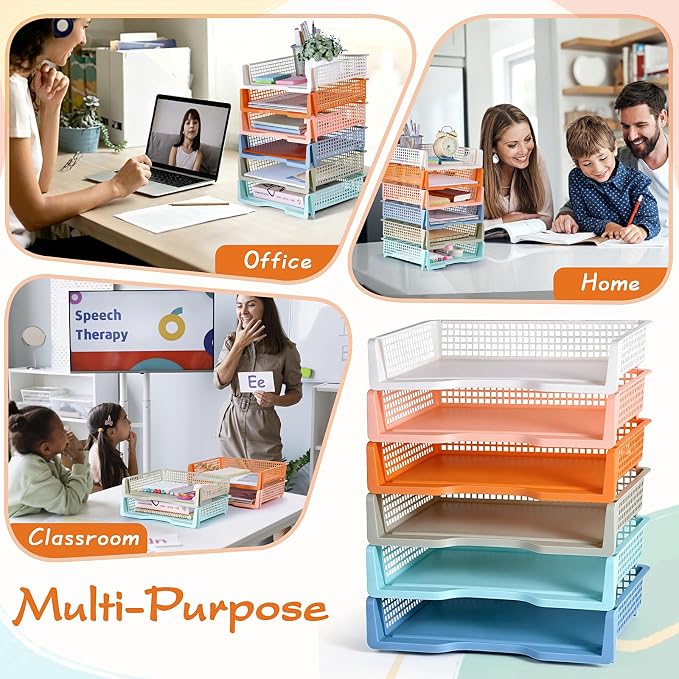 ZZYFGH 6 Pack in Trays for Teachers, Plastic Classroom Paper Organizers, Colorful Storage Baskets for Office, Stackable Office Desktop Document Paper Storage(13.4 * 9.5 * 2.7in)