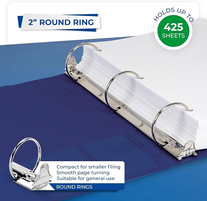 Samsill 2 Inch 3 Ring Binders, Economy Round Ring, Clear View Cover, 425 Sheet Capacity - for School, Home, Office - Blue, 12 Pack