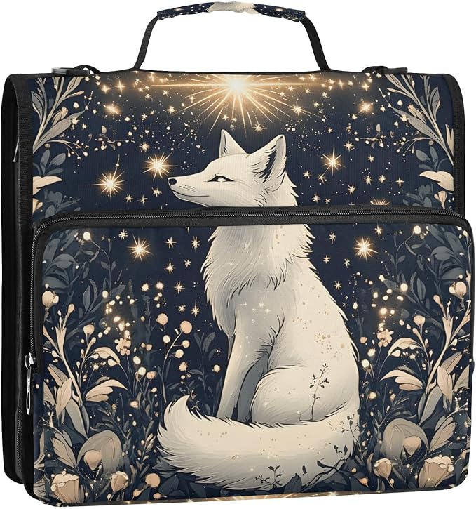 3 Ring Zipper Binder with Shoulder Strap White Mystical Fox Star 2 Inch Zippered Binder Bag 500 Sheet Capacity Multi Pockets for School Supplies