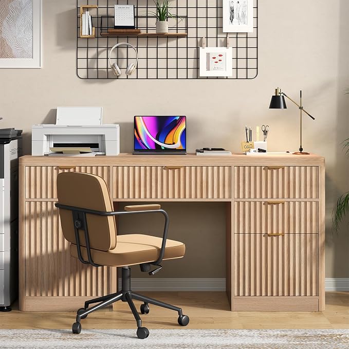 knoworld Fluted Executive Desk with Charging Station, 58" Wood Home Office Desk with 4 Drawers, 1 File Cabinet, 1 Storage Cabinet, Modern Writing Desk for Work, Living Room, Bedroom (Natural)