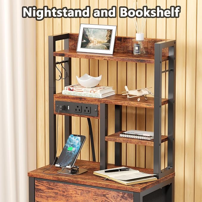 Night Stand, 52.1" Tall Bedside Table for Bedroom | RGB LED Lights & USB Ports & type-C, App + Key Control, 4 Fabric Drawers and 4-Tier Shelves for Bedroom, Dorm Storage