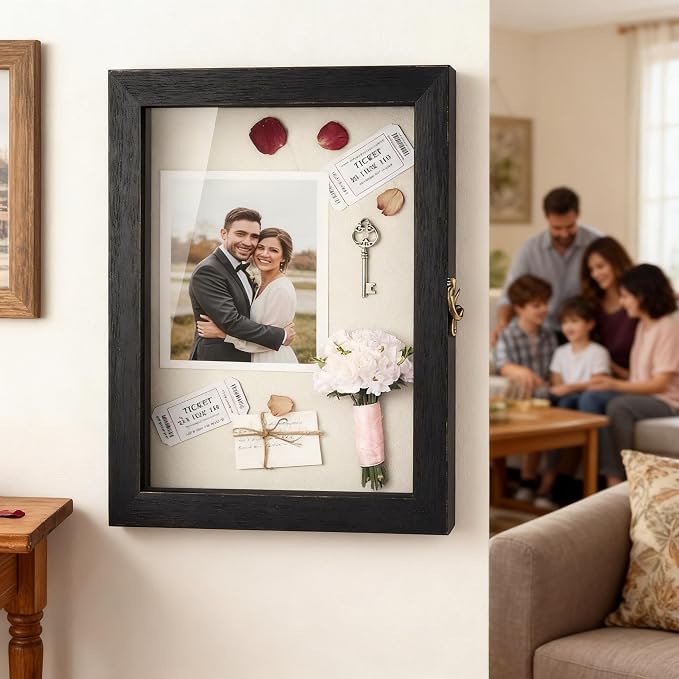 TJ.MOREE Shadow Box 12x16 Memory Display Case Wooden Picture Frame Black | Large Rustic Keepsake Box with Linen Back for Memorabilia, Bridal Shower Wedding Gifts, Military Medals, Pet Memorial Gifts