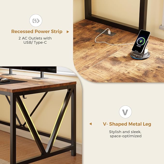 L Shaped Gaming Desk with Drawers, Corner Computer Desk with LED Tempered Glass Display Cabinet, Shaped L Office Desk with Charging Station and Fabric Drawer, PC Desk for Gaming and Office, Brown