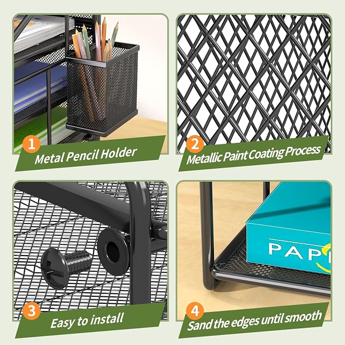 7 Tier Desk File Organizer, Black Metal Letter Tray Paper Organizer with Pull-Out Drawer, Removable Pen Holder & Hanging Basket, Vertical Desktop File Holder for Home Office, Classroom