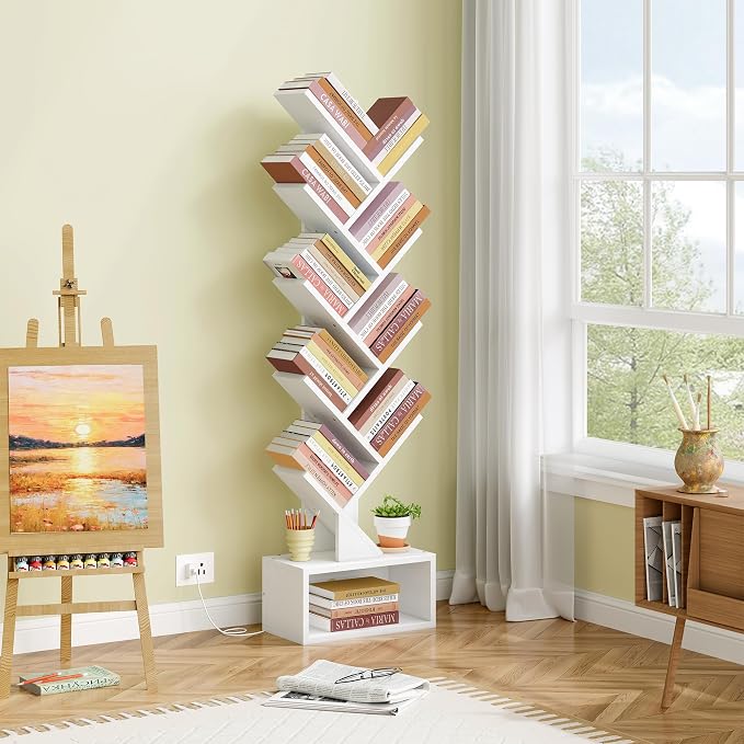 Hoctieon 9 Tier Tree Bookshelf, Tall Bookcase, Freestanding Book Shelf with LED Lights, Display Floor Standing Storage Shelf, Book Organizer Shelves for Home Office, Living Room, White